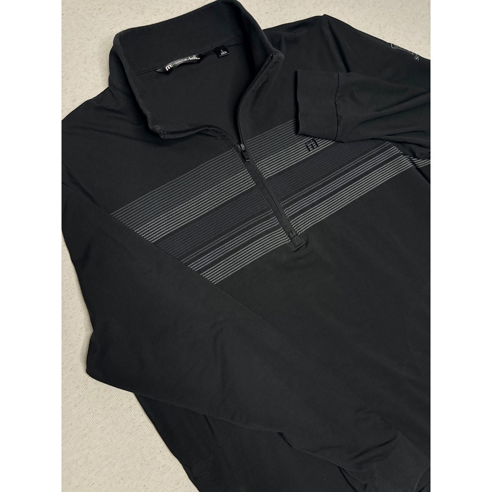 TravisMathew Mens L Black TPC Sugarloaf 1/4 Zip Golf Pullover Striped Chest